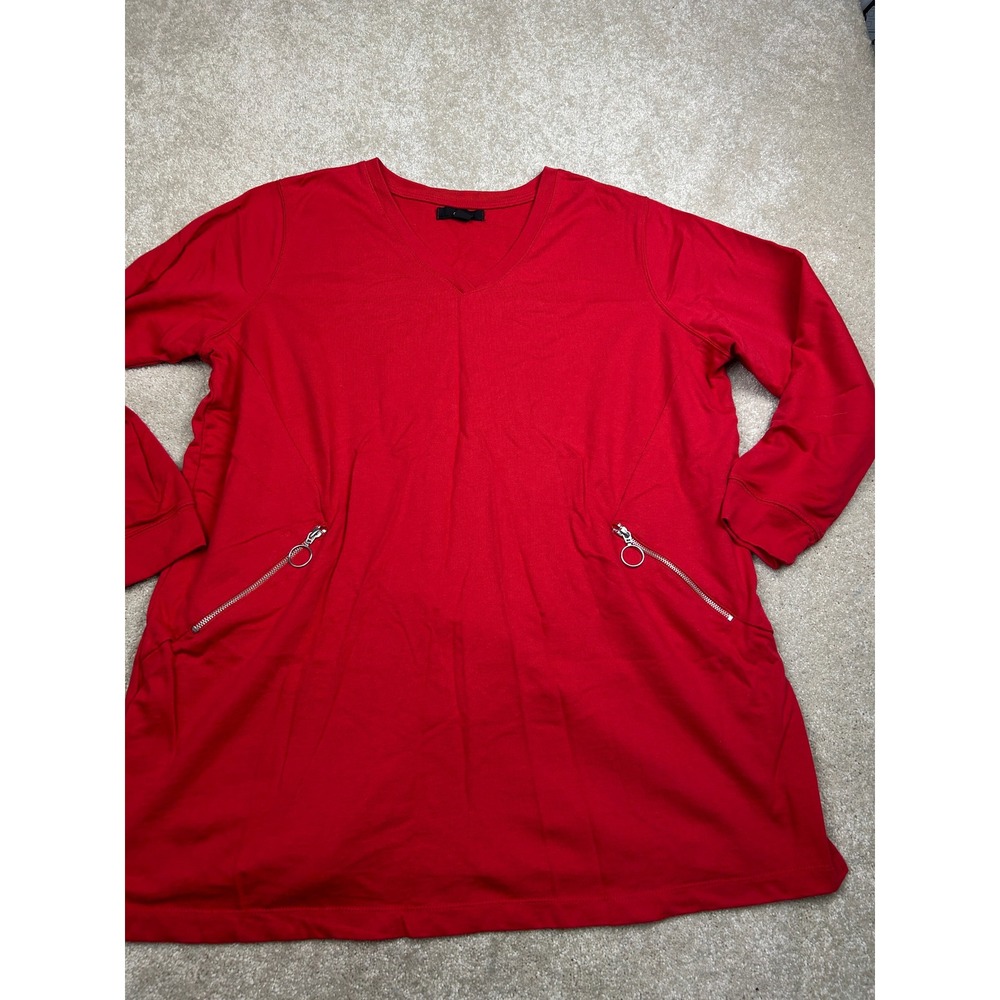 Ellos Plus Size 18/20 Red French Terry Tunic Sweatshirt Zip Pockets V-Neck